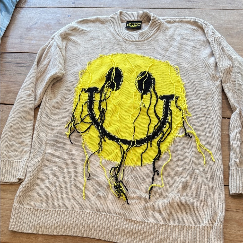 DREW House cotton Tan Sweater with Distressed Yellow Smiley size large